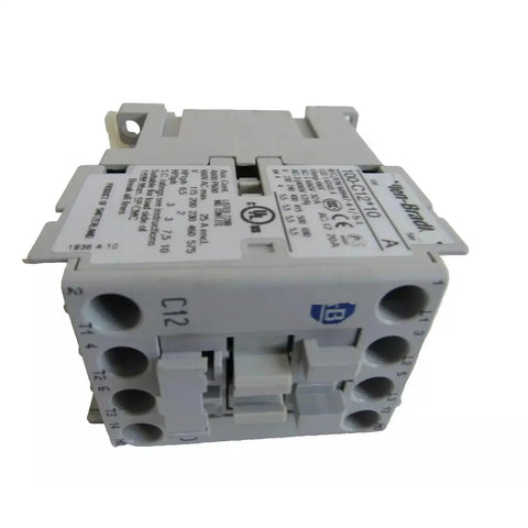 Close-up of 100-C12D10 100-C IEC Contactor for industrial control panels, showing front view with labels and connections.