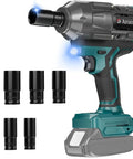Professional Cordless Impact Wrench 1/2 Inch Brushless Motor 950 Ft Lbs Beast Mode Torque with five sockets for auto repairs.