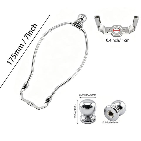 Dead Simple Installation Heavy Duty Silver 7 Inch Lamp Shade Harp Holder Saddle Bracket With Ball Finial for Table And Floor Lamps, measurements shown.