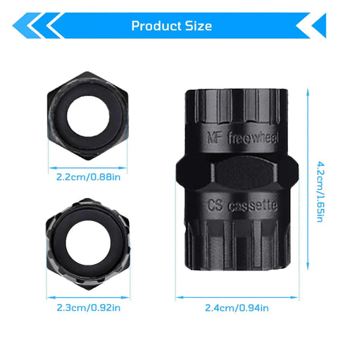 2 In 1 Bike Freewheel And Cassette Removal Tool with size details, showing 2.3cm sockets and 4.2cm length in black metal.