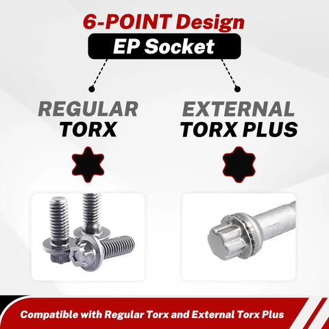 Comparison of regular Torx and External Torx Plus for External Torx Plus Socket Set 6 Point 19 Pieces EP Four To EP Thirty Two