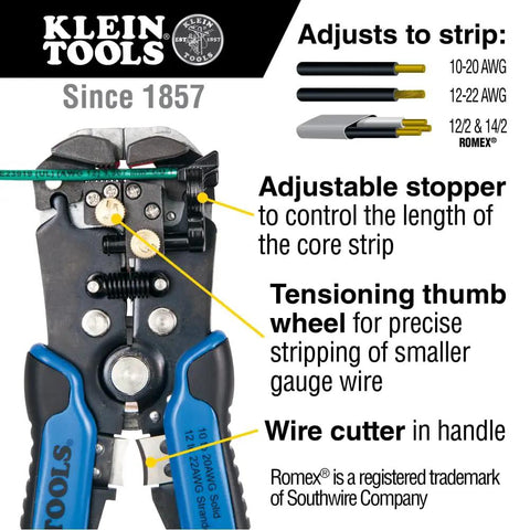 Self-Adjusting Wire Stripper And Cutter, Heavy Duty, Cuts And Strips 10-20 AWG Solid And 12-22 AWG Stranded, Romex 12/2 And 14/3 NM Cable