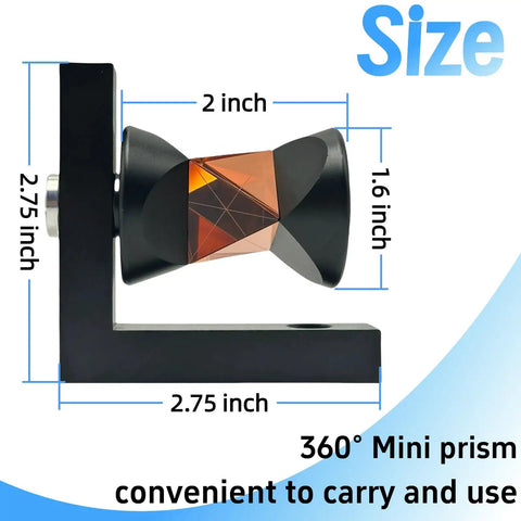 360 Degree Mini Copper Coated Survey Prism With L Bar Bracket Mount For Total Station, Quarter Inch Thread Compatible, Includes Both Male And Female Quarter Inch Threads, Easy Install With Strong Reinforced Mounting Bracket For Stable Readings. shown with 2.75 inch bracket