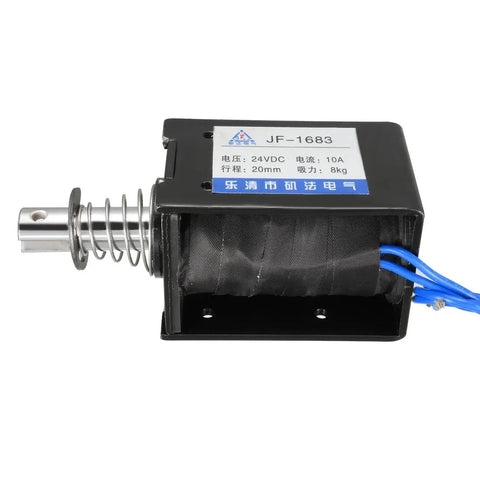 DC 24V 8Kg Pull Type Open Frame Solenoid Electromagnet With 20mm Stroke For Smooth Linear Motion Spring Return Low Power Consumption And Compact Design, open-frame metal body