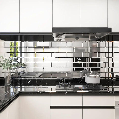 Peel And Stick Beveled Mirror Subway Tiles Silver 4x12 Inch For Kitchen Backsplash And Bathroom Walls Easy Install No Grout No Mess