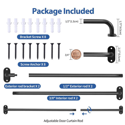 Package contents of French Door Curtain Rod Adjustable From 18 To 32 Inches Wrap Around Cafe Curtain Rod For Doors And Windows Half Inch Diameter Screwed Sash Rods Black 2 Pack