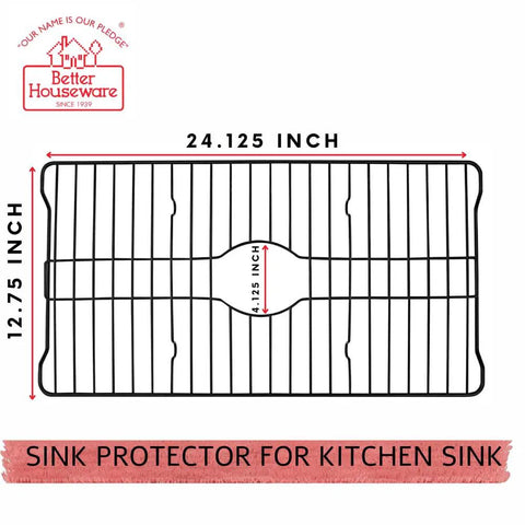 Heavy Duty Kitchen Sink Protector Grid Mat In Black, 24.125x12.75 inches, rust resistant, raised drainage design