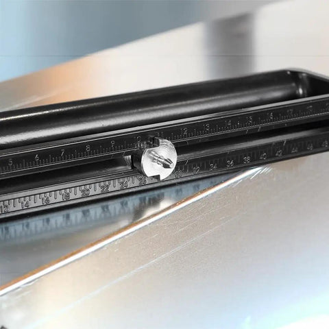 Close-up of adjustable hole cutter on sheet metal, 2 to 20 inch, cuts 20 gauge galvanized steel, impact ready, high speed bearings.