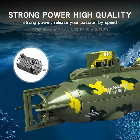 Remote Control Submarine For Pool And Water Play Dope Underwater RC Boat For Aquarium Fun One Key Dive With Water Safety Sensor shown in camo design