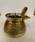 Turkish Greek Arabic Floral Brass Tone Stovetop Coffee Pot Cezve Ibrik Briki with Wooden Handle Handcrafted 180 Ml 6 Oz