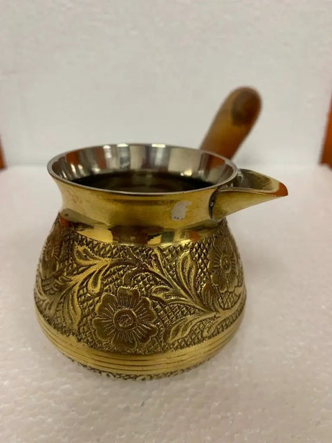 Turkish Greek Arabic Floral Brass Tone Stovetop Coffee Pot Cezve Ibrik Briki with Wooden Handle Handcrafted 180 Ml 6 Oz