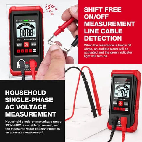 Smart Auto Ranging Digital Multimeter TM 510 4000 Counts with display and probes for voltage measurement.