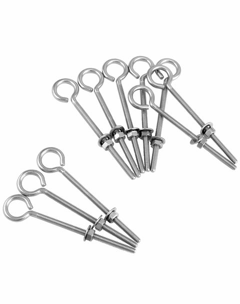 Ten Pack Eye Bolts One Quarter Inch By Four Inch Stainless Steel With Nuts shown on white background.