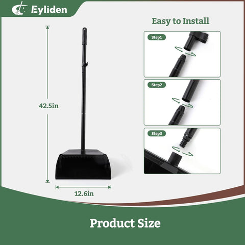 Large Upright Commercial Dustpan With Comb Teeth For Hair And Debris Cleanup, showing 42.5in handle and assembly steps