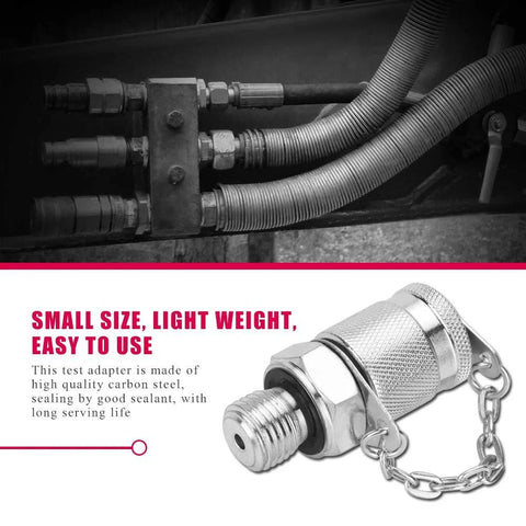 Hydraulic pressure test coupling kit with braided hoses and a silver G1/4 adapter with chain.