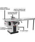 Heavy Duty 10 Inch Table Saw Pumping Out 3 Hp At 230 V With Rock Solid Cast Iron Wings For Knockout Precision Across A Massive 50 Inch Rip Distance And Smooth Operator Xacta Fence Setup with visible features labeled.