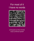Cover of For Most Of It I Have No Words Genocide Landscape Memory First Edition Photo Essay Book, skulls artwork, title text on purple.