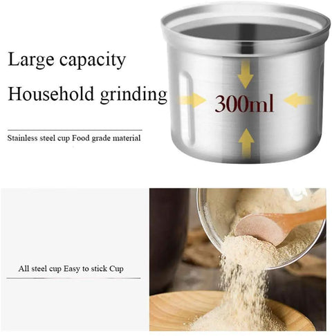 No Brainer Portable Bean To Cup Coffee Grinder And Spice Mill With Tap Control Quick Crushing Action Stainless Steel Bin showing 300ml stainless steel grinding cup.