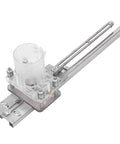 Front view of a wood router tool with sliding metal rail and clear plastic guide.