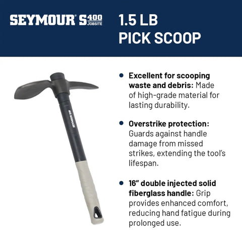 Heavy Duty Pick Scoop 1.5 Lb Pro Grade Tool With Fiberglass Handle Cushioned Grip And Overstrike Protection showcased