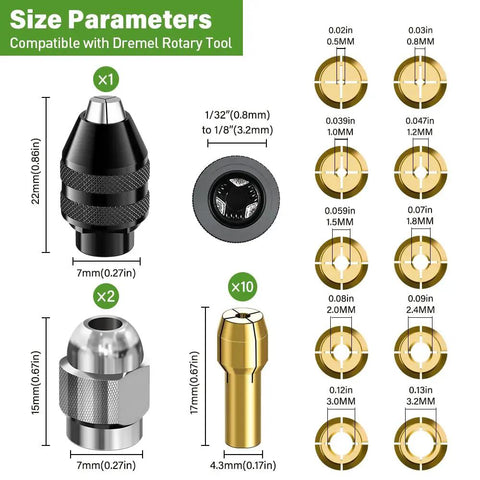 15 Piece Drill Chuck Collet Kit for Rotary Tools 0.8 To 3.2mm Shank Quick Change Keyless Replacement 4486 With Brass Collet Nut 4485