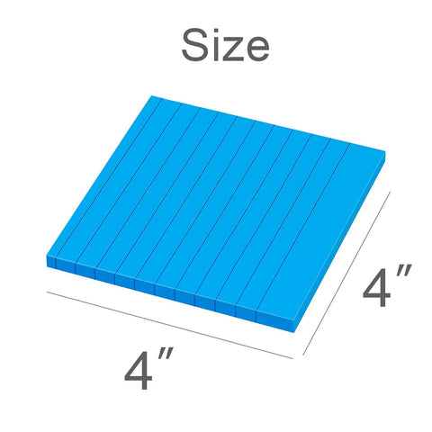 Illustration showing size of 8 Pack Lined Sticky Notes 4x4 Inches Colorful Memo Pads With Super Sticky Adhesive, 8 Bright Colors For Quick Reminders, 54 Sheets Per Pad, Red Pink Orange Yellow Green Light Blue Blue Purple, highlighting 4x4 dimensions.