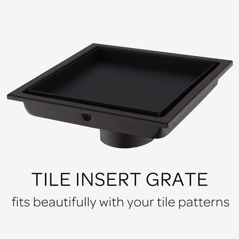 Square Shower Floor Drain With Tile Insert Grate 6 Inch Long Matte Black Finish SUS 304 Stainless Steel Removable
