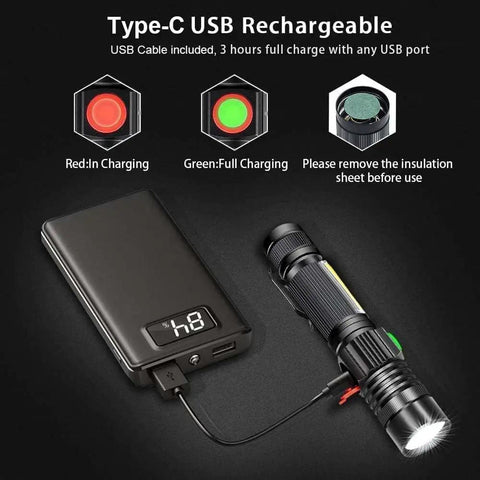 Ultra Bright USB Rechargeable Magnetic LED Flashlight With COB Sidelight charging via USB-C with flashlight and battery pack.