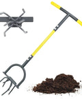 Manual Garden Tiller And Cultivator With Heavy Duty Garden Claw, ergonomic handle and anti-slip foot plate near soil pile