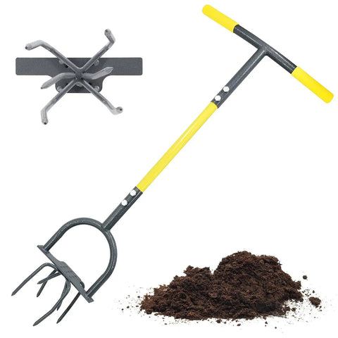 Manual Garden Tiller And Cultivator With Heavy Duty Garden Claw, ergonomic handle and anti-slip foot plate near soil pile