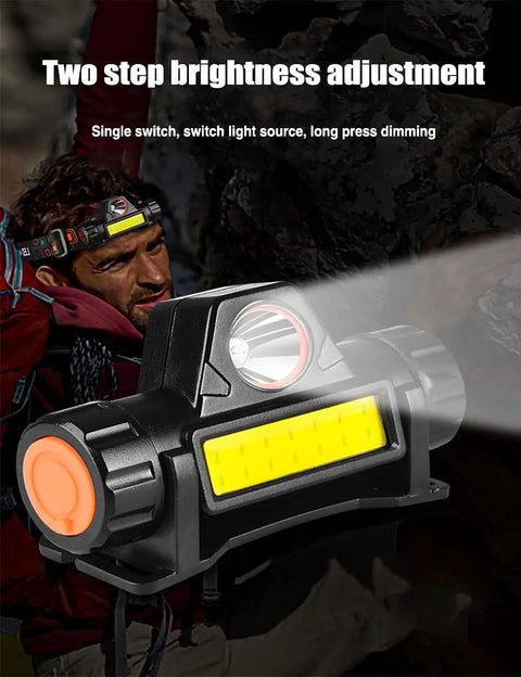 Two Pack LED Headlamps With Rechargeable Batteries in use, showing long range beam and hands free design for outdoor tasks