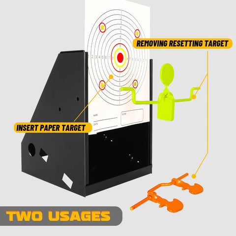 BB Trap With Built In Pellet Collector And Resetting Target For Airguns showing paper target insertion and resetting use