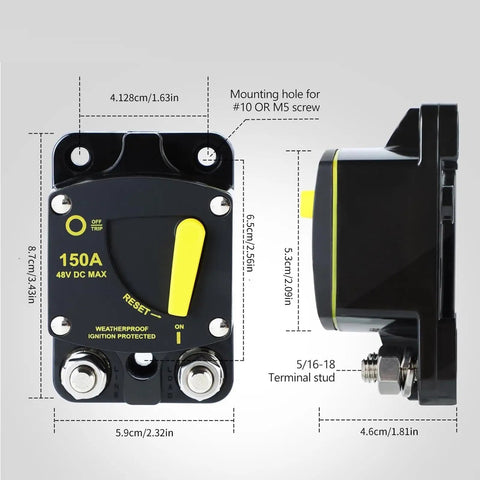 Manual Reset Circuit Breaker 300A High Amperage Switch For Truck Boat Trolling Motor Car Stereo Systems Solar Panels Battery Backup And RV Power Distribution Blocks Rig Ready, showing dimensions and design.