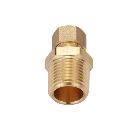 Brass compression straight tube fitting, 3/8 in. tube OD to 1/2 in. NPT male, close-up view