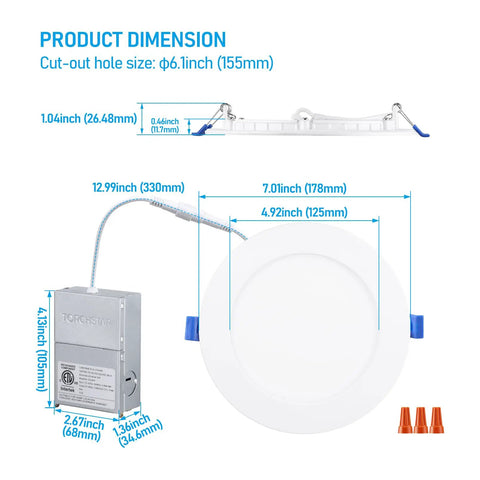 Dimensions of 12 Pack 6 Inch Ultra Thin LED Recessed Downlights With Junction Box, CRI90, Aluminum Construction, 5000K Daylight