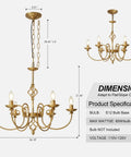 Gold Farmhouse Chandelier With Six Candle Style Lights, Rustic Industrial Pendant Light, 26 Inch, Antique Brass Finish