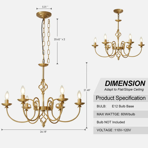 Gold Farmhouse Chandelier With Six Candle Style Lights, Rustic Industrial Pendant Light, 26 Inch, Antique Brass Finish