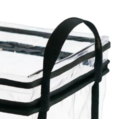 Close-up of Heavy Duty Clear Zipper Storage Bags With Handles for moving, showcasing robust black handles and transparent PVC material.