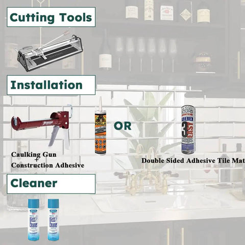 Installation guide with tools for Beveled Silver Mirror Subway Backsplash Tiles for Kitchen and Bathroom, 3x6 Inch, in use