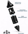 Exploded view of Scent Disperser For Fishing With Adjustable Flow Control And Weighted Sinker Design in four labeled parts.