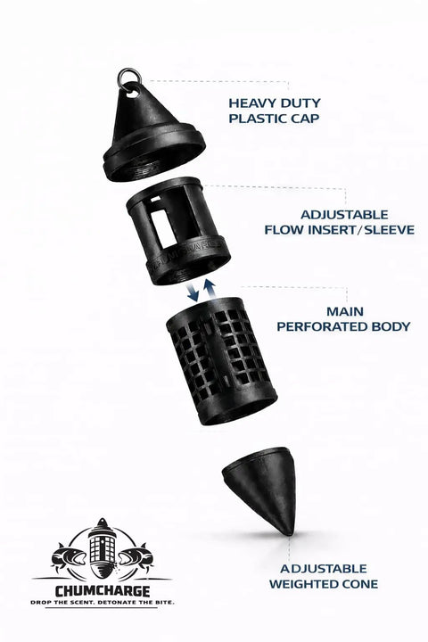Exploded view of Scent Disperser For Fishing With Adjustable Flow Control And Weighted Sinker Design in four labeled parts.