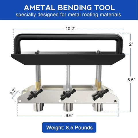 Front view of Heavy Duty Adjustable Rebar Bender With Three Station Edge Roller showing dimensions and metal handle.