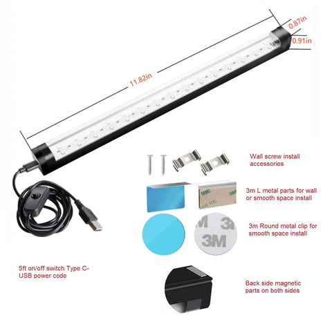 1ft 10W UV Blacklight Bar Two Pack For Fluorescent Art, with 5ft USB-C power cable, wall and under cabinet install accessories.