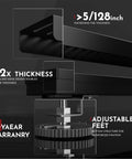 Diagram showing features of 12 Inch Linear Shower Drain With Capsule Pattern Cover And Accessories, Matte Black, with adjustable feet and warranty.