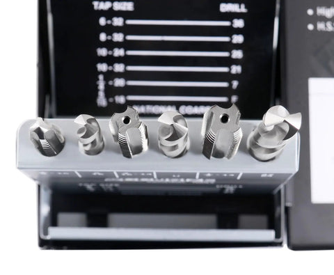 Close-up of Pro Grade HSS Tap and Drill Set for UNC Threads 18 Piece Kit in metal index case