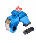 Heavy Duty Aluminum Hydraulic Torque Wrench Knocks Out Up To 15000 Nm With Bullseye Accuracy Quick Release Catch And Swappable Shafts, blue with attachment.