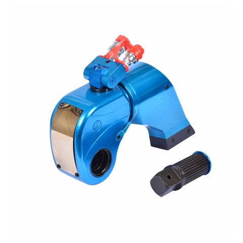 Heavy Duty Aluminum Hydraulic Torque Wrench Knocks Out Up To 15000 Nm With Bullseye Accuracy Quick Release Catch And Swappable Shafts, blue with attachment.