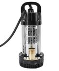 Top Shelf Stainless Steel Submersible Sump Pump With Three Hundred Watt Motor And Four Cubic Meter Flow close-up showing motor and connection for easy drainage.