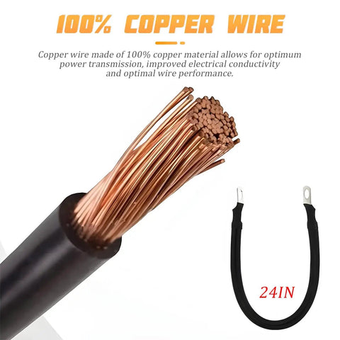 Heavy Duty 4 Awg Battery Cables With Tinned Pure Copper Core And Beefy Rock Solid 3/8 Inch Lugs Waterproof Insulated Power Wire Pair built tough for RVs ATVs boats solar setups, 24-inch length.