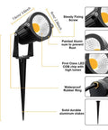Diagram showing measurements and features of Eight Pack Low Voltage LED Landscape Lights 5W 12V Waterproof Warm White Pathway Spotlights